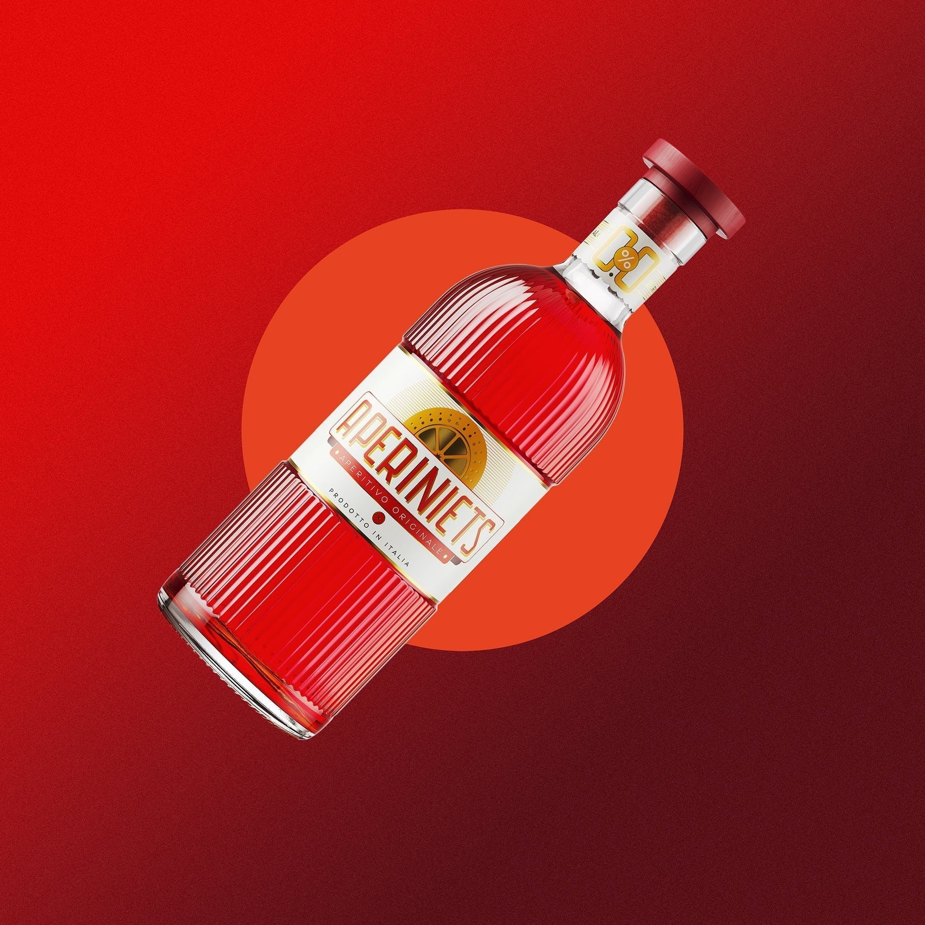 Red bottle of Aperiniets, the alcohol-free aperitif drink, on a vibrant background.