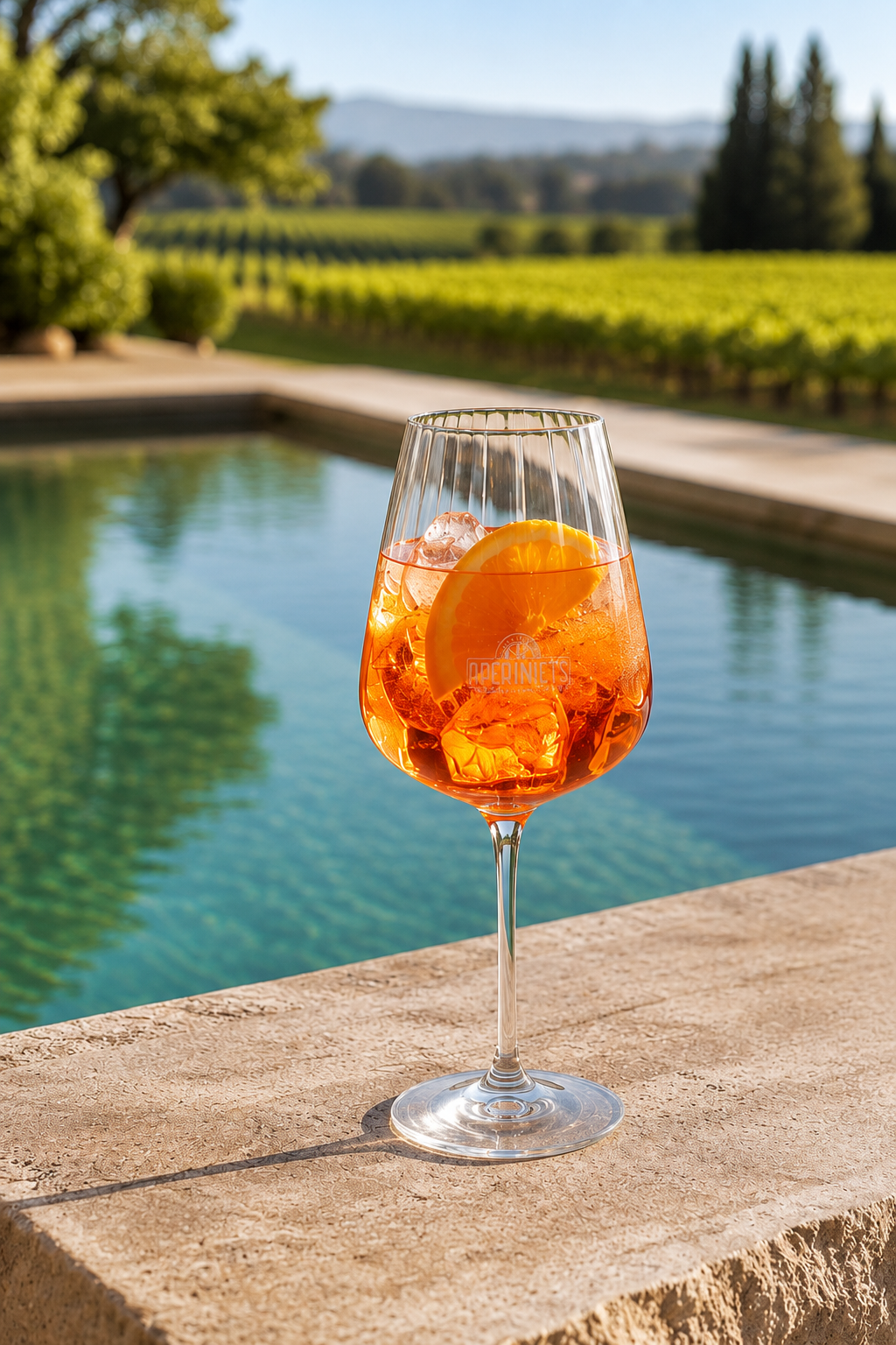 Glass of Aperiniets alongside a pool