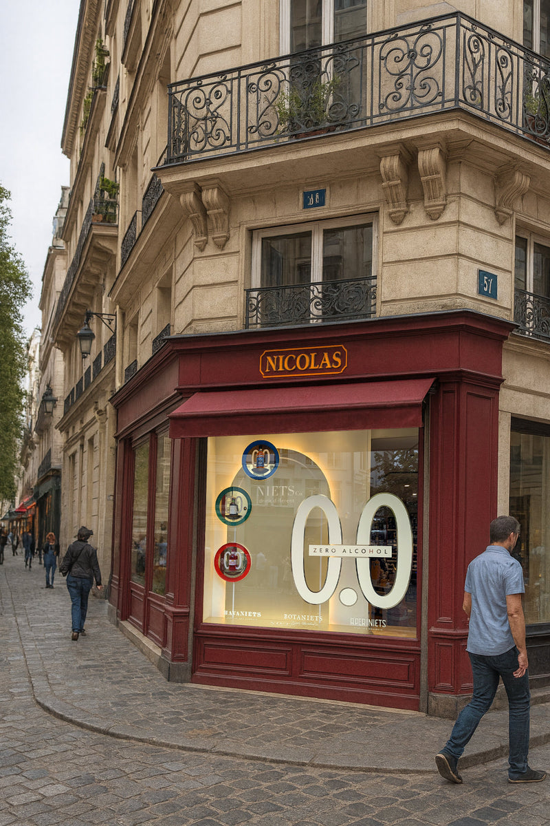 NietsCo wine collaboration available at Nicolas storefront in urban setting.