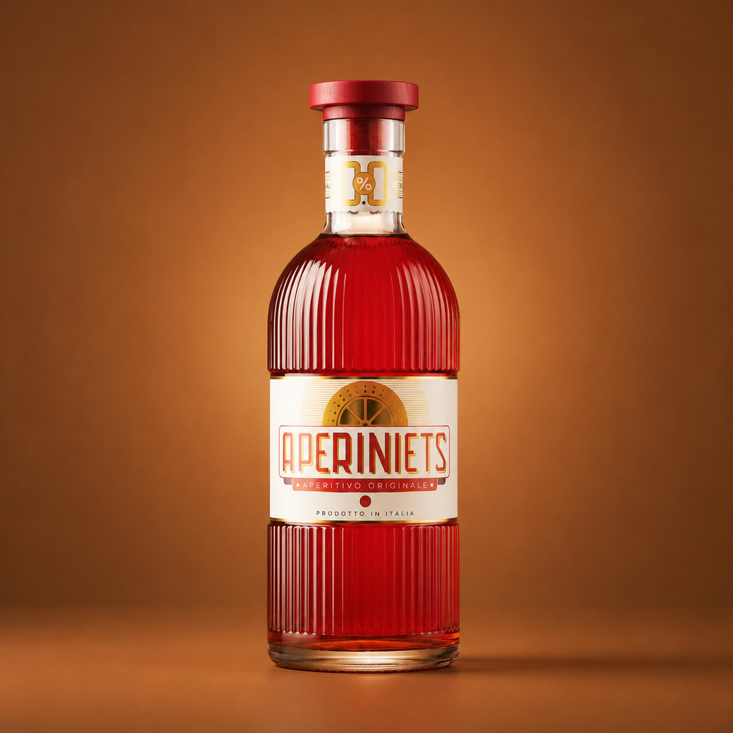 A bottle of Aperiniets Aperitivo Originalo, featuring a ribbed glass body filled with deep red liquid, a cream-colored label with gold detailing, and a red screw cap, set against a warm brown gradient background.