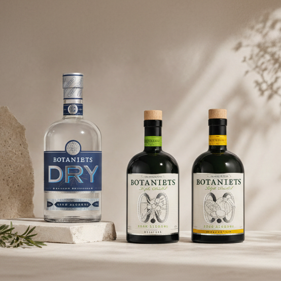 Three Botaniets-branded bottles arranged on a light stone surface against a warm beige backdrop with soft shadows. The left bottle is a clear Botaniets Dry gin bottle resting on a stone block, while the two dark bottles on the right appear to be botanical-infused spirits with cream labels and small yellow and green accents.