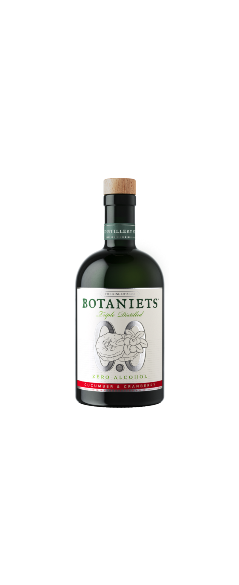 Bottle of Botaniets zero alcohol cucumber & cranberry flavor on a white background