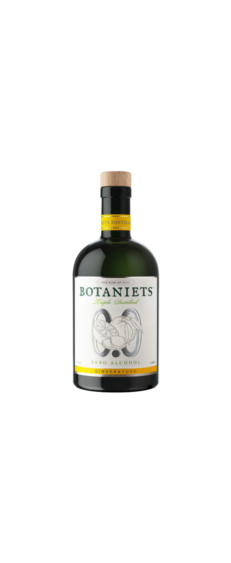 Bottle of Botaniets ginger syrup with a cork on a white background