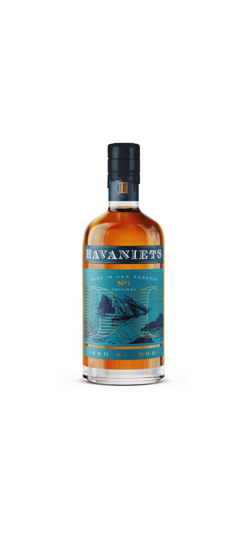 Bottle of Havaniets zero alcohol liquor on a white background
